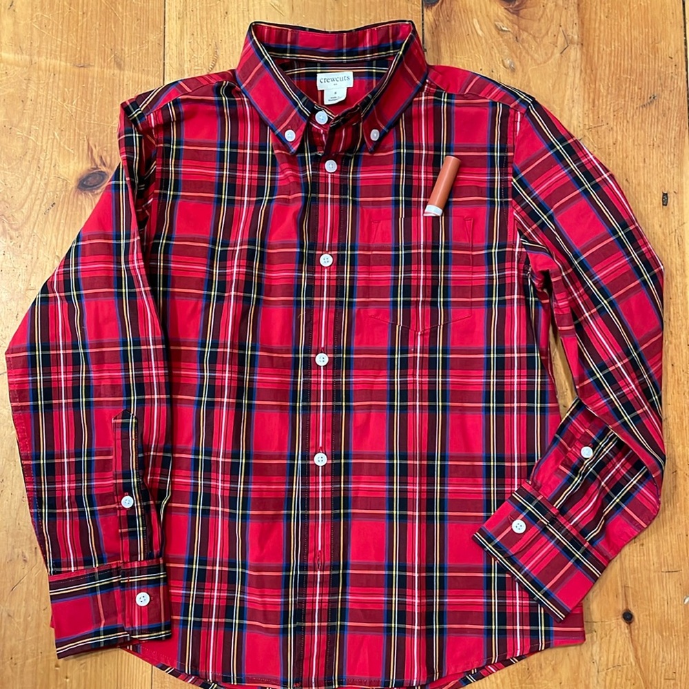 Crewcuts Shirt J Crew Boys Tartan Paid Button Down Poplin Red Black Size 8 Boy - Picture 2 of 7